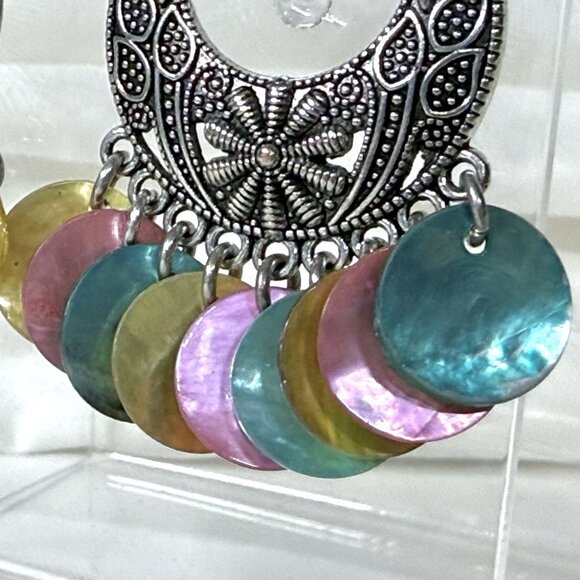 Silver Tone Dangle Earrings Multicolor Shell Discs - Picture 4 of 8